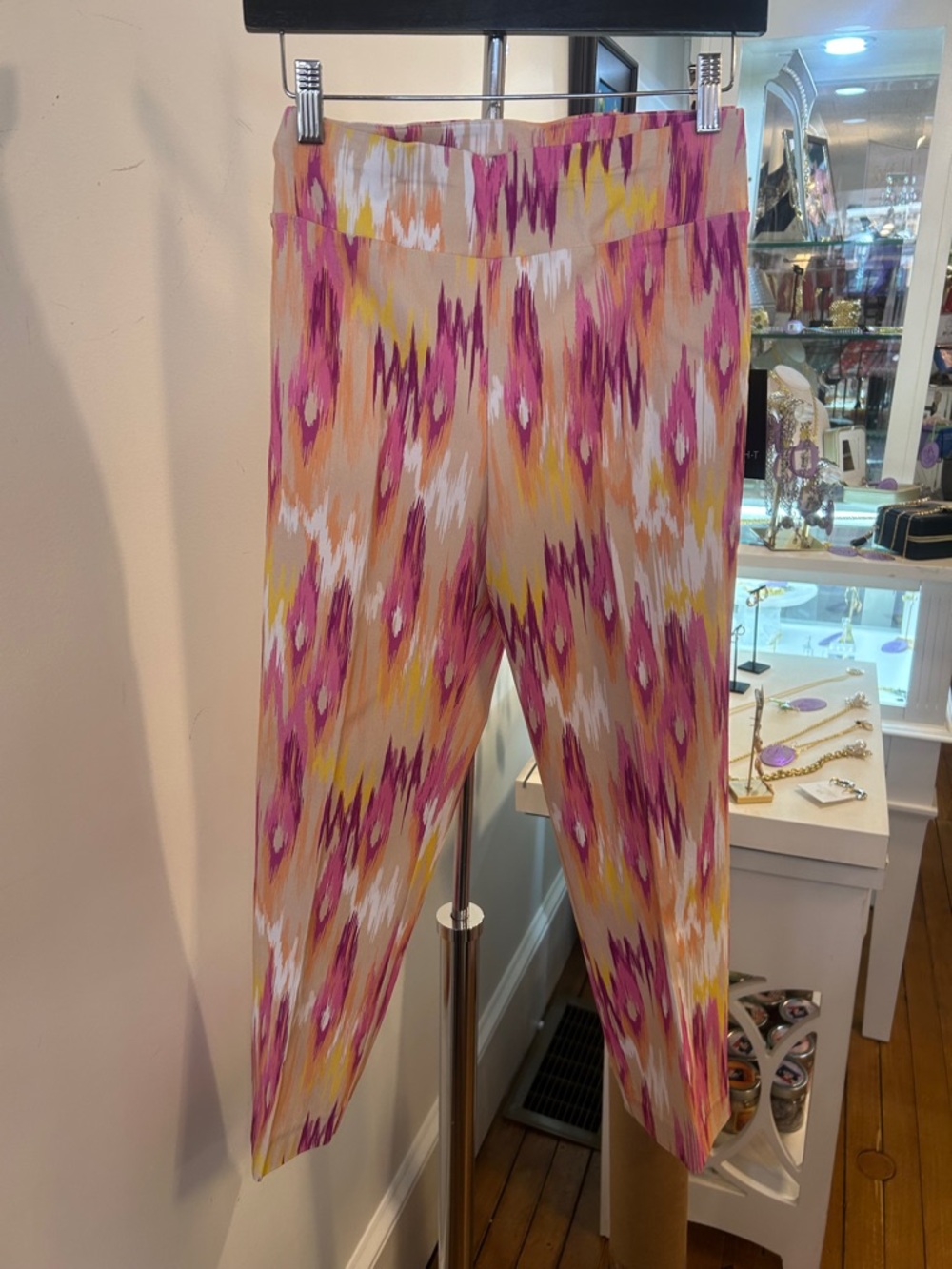 Insight Pink, Yellow & White Ikat Capri Pants